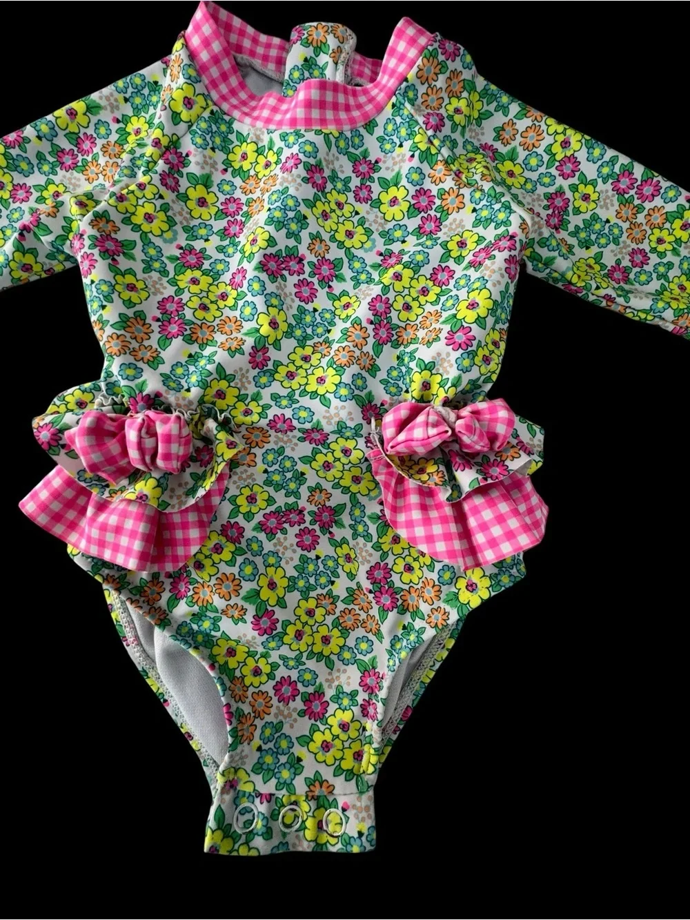 Nicole Miller Floral Long-Sleeve One-Piece Swimsuit with Pink Gingham Ruffles